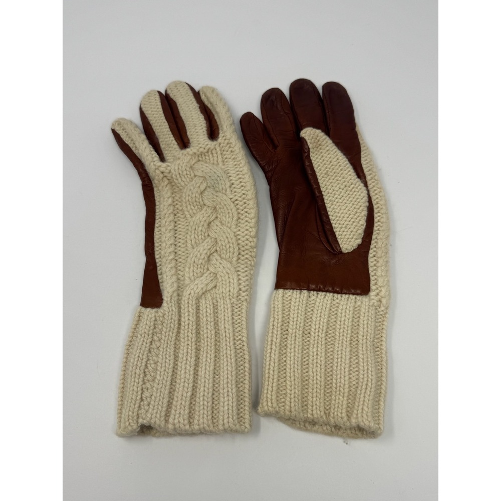 Grandoe Cashmere Cable Knit Leather Palm Gloves Cream Brown SM WPL9633